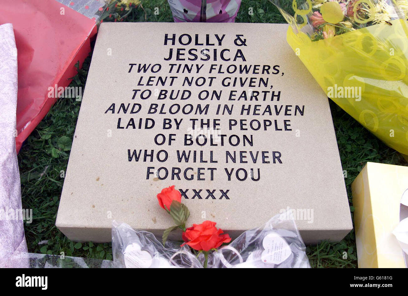 A stone from the people of Bolton in memory of Holly Wells and Jessica Chapman left in the graveyard of St Andrew's Church in Soham, Cambs. Stock Photo