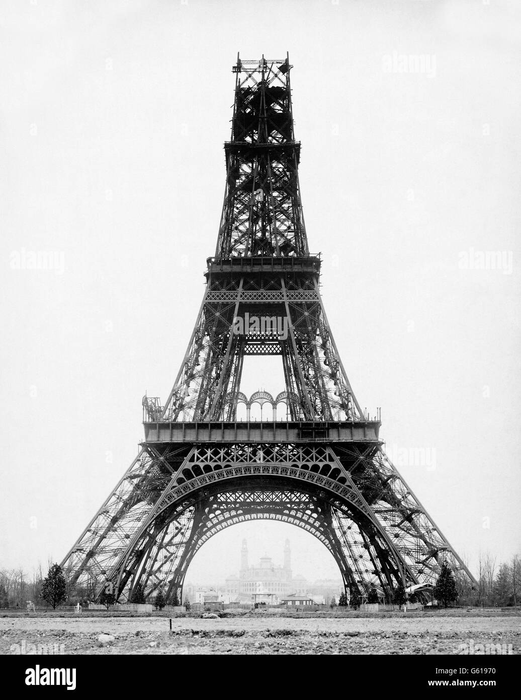 Eiffel Tower under construction, built to serve as the entrance to the Paris Exposition of 1889. This photograph, by Louis-Emile Durandelle, was taken in November 1888, about 4 months before completion. Stock Photo