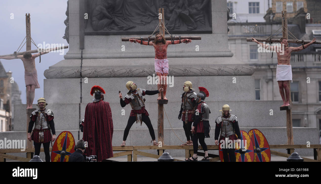 The Wintershall Players perform the Passion of Jesus in Trafalgar Square, London. Stock Photo