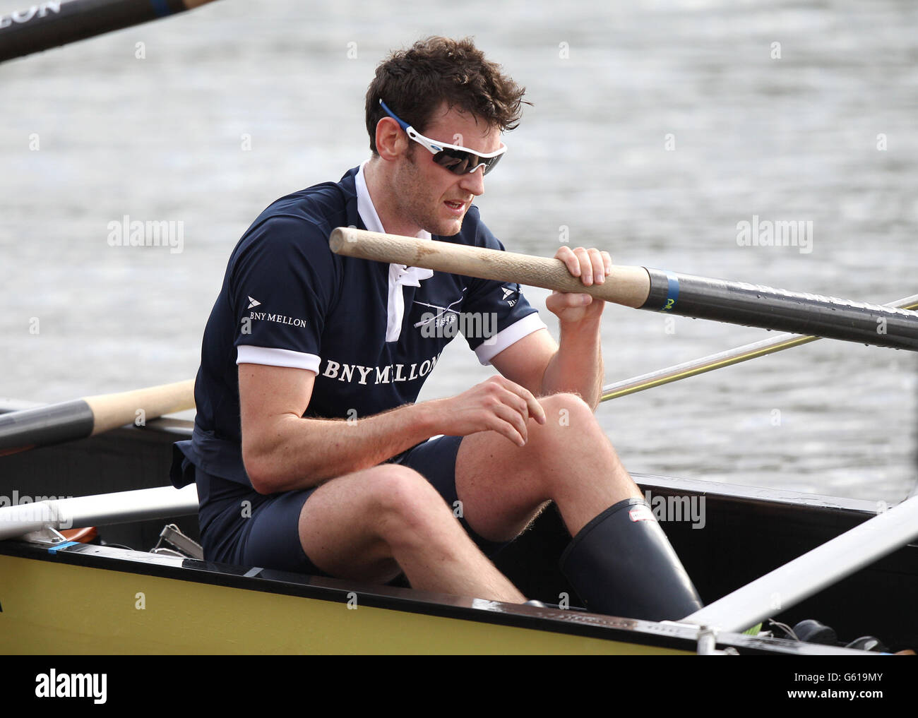 Oxford's Dr Alex Woods after his Isis crew won their race following his collapse at the end of last year's boat race on the River Thames at Mortlake Boat Club, London. Stock Photo