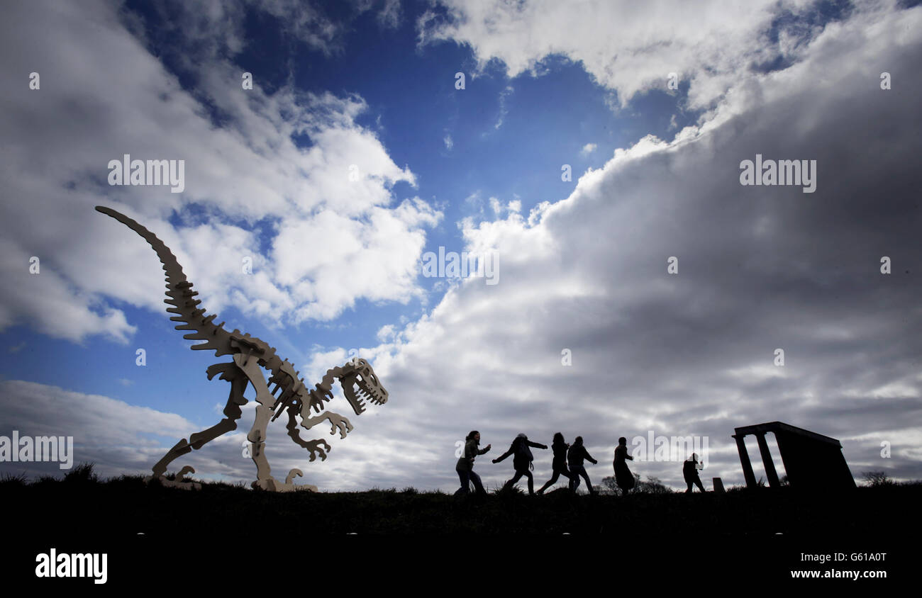 A 10ft dinosaur frame on Calton Hill in Edinburgh, during a photocall to promote the Mini Maker Faire. Stock Photo