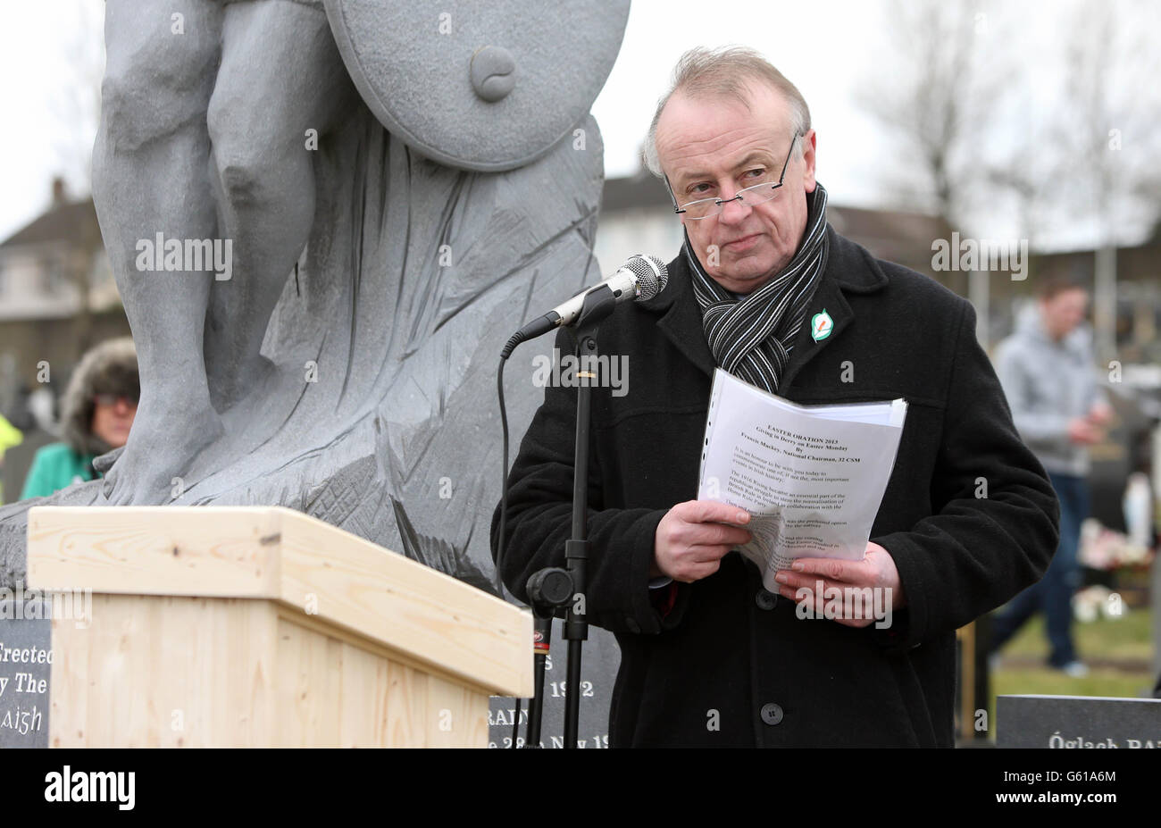 32 County Sovereignty Movement Chairman Francis Mackey speaks as members gather for their Easter commemoration at the City Cemetery in Derry. Stock Photo