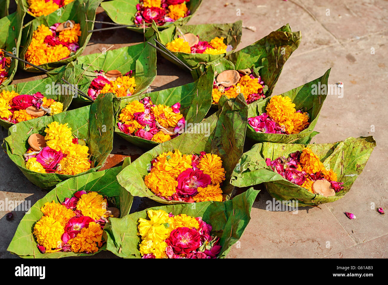 Puja flowers for aarti ceremony ritual, India Stock Photo Alamy