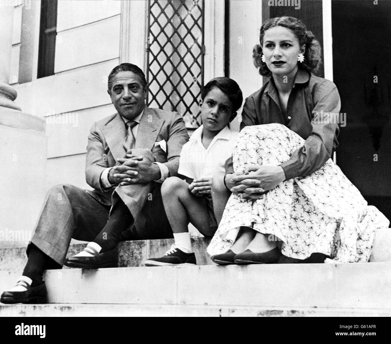 (L-R) Aristotle Onassis, 11 year-old Alexander Onassis, Mrs Athina Mary (Tina) Onassis in Monte Carlo. Stock Photo