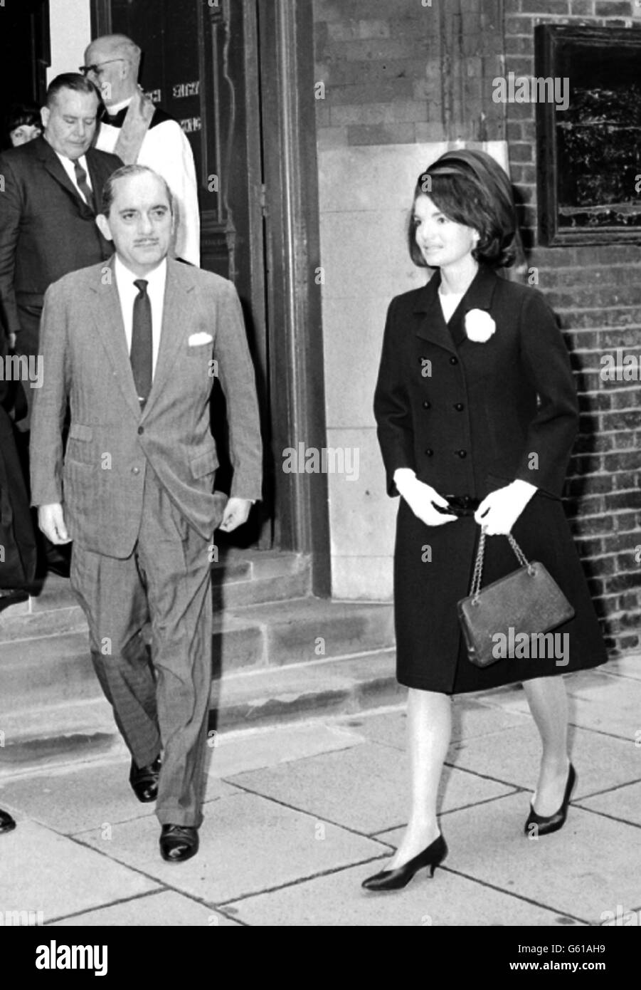 Mrs Jacqueline Kennedy, widow of the late American president, pictured this morning after attending the 10 o'clock Mass at the chruch of St.Peter and St. Edward, Palace Street, Westminster, London. Stock Photo