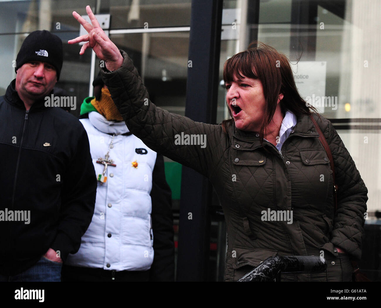 Mick Philpott's sister Dawn Bestwick reacts outside Nottingham Crown Court after Mick Philpott and his wife Mairead were sentenced for killing six of his children in a house fire. Stock Photo