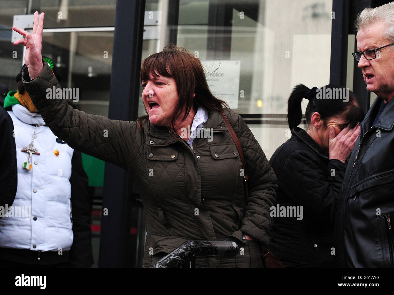 Mick Philpott's sister Dawn Bestwick reacts outside Nottingham Crown Court after Mick Philpott and his wife Mairead were sentenced for killing six of his children in a house fire. Stock Photo