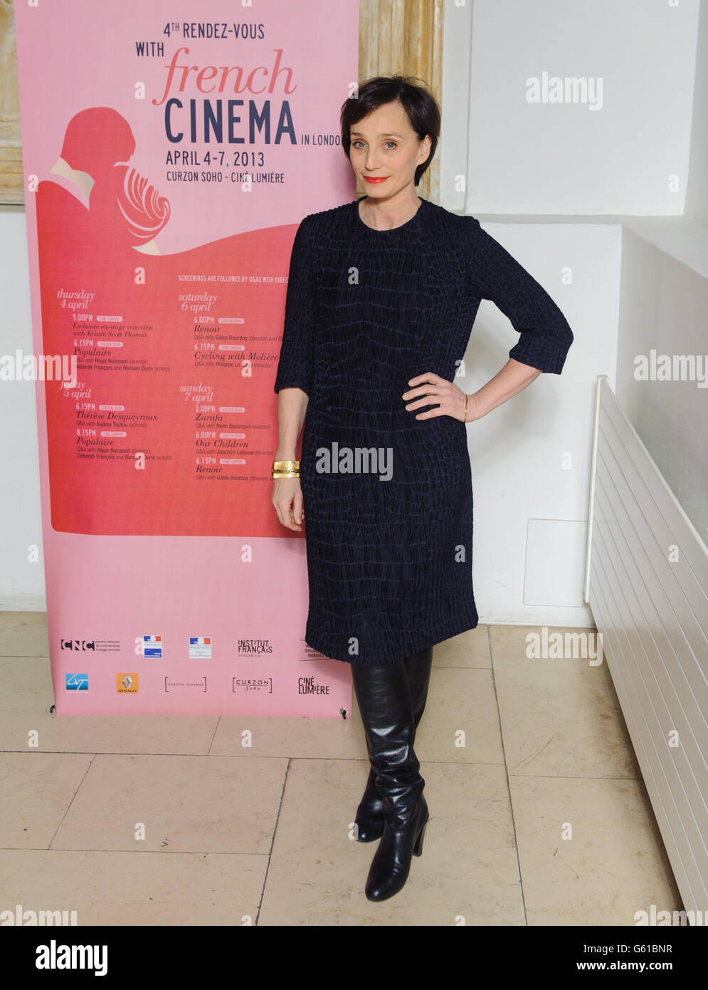 Kristin Scott Thomas arrives for a Masterclass with Kristin Scott-Thomas, part of Rendez-Vous with French Cinema 2013, at the Cine Lumiere, in Kensington, west London. Stock Photo