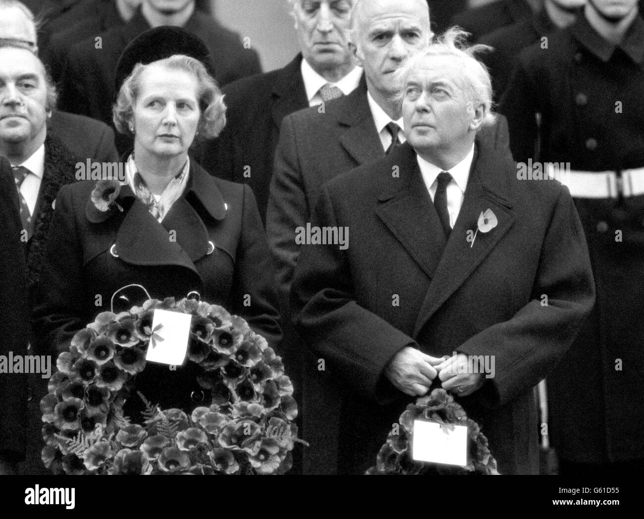 Adversaries in the political world, Leader of the Opposition, Mr Margaret Thatcher, and Prime Minister Mr Harold Wilson had a common purpose in Whitehall where they laid wreaths on the Cenotaph in memory of the dead of two world wars. Stock Photo