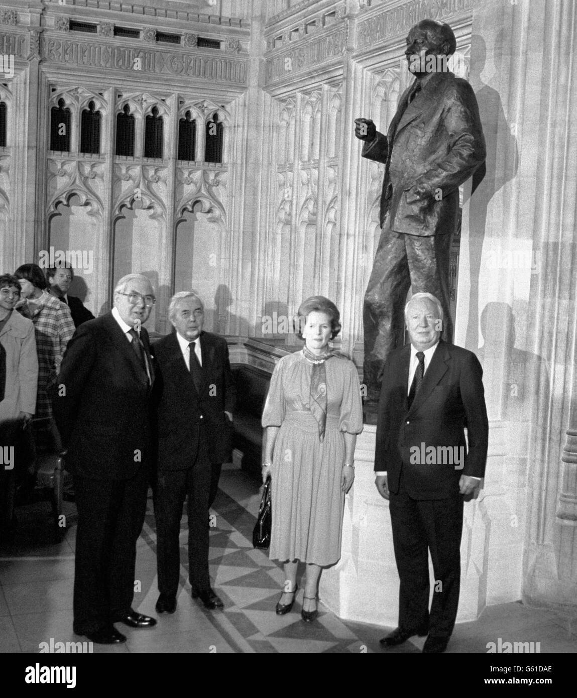 Margaret Thatcher with former Prime Ministers James Callaghan, Sir Harold Wilson and Edward Heath. Stock Photo
