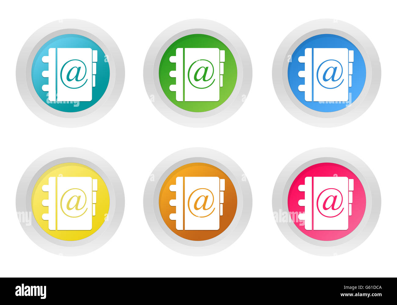 Set of rounded colorful buttons with address book symbol in blue, green ...