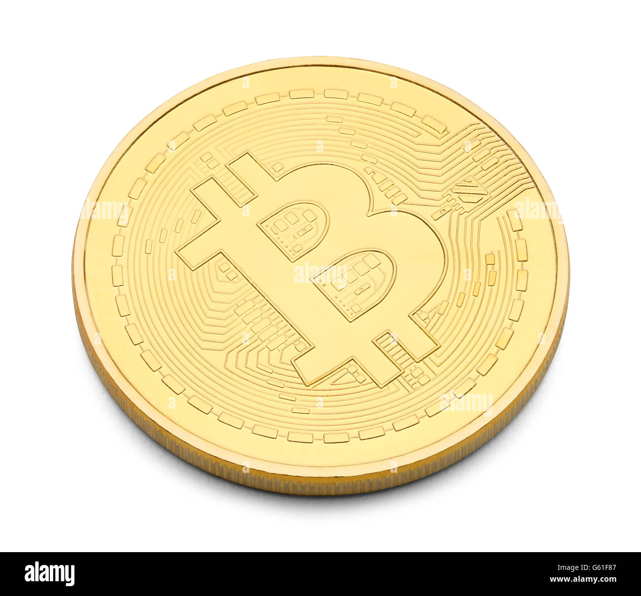 Single Golden Bitcoin Isolated on White Background. Stock Photo