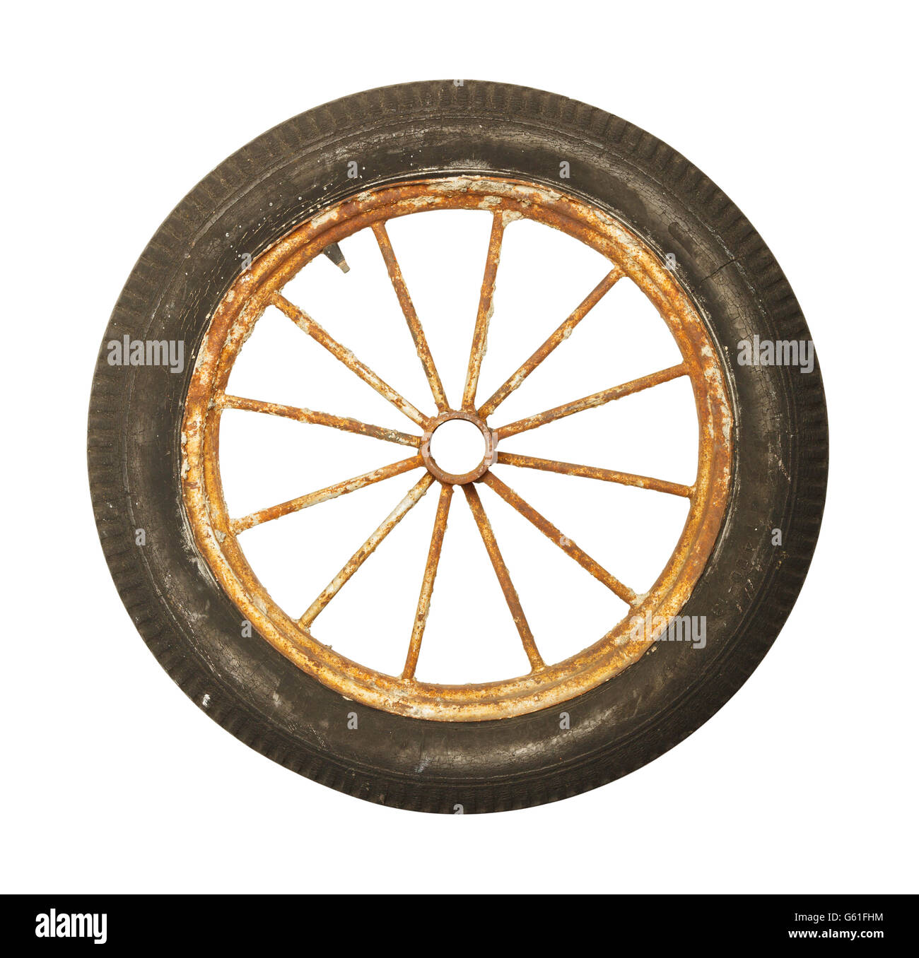 Antique Worn and Rusted Rubber Tire and Spoked Rim Isolated on White Background. Stock Photo