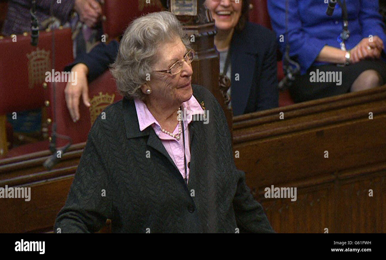 Baroness Trumpington speaks during a tribute to Baroness Margaret Thatcher in the House of Lords in London. Stock Photo