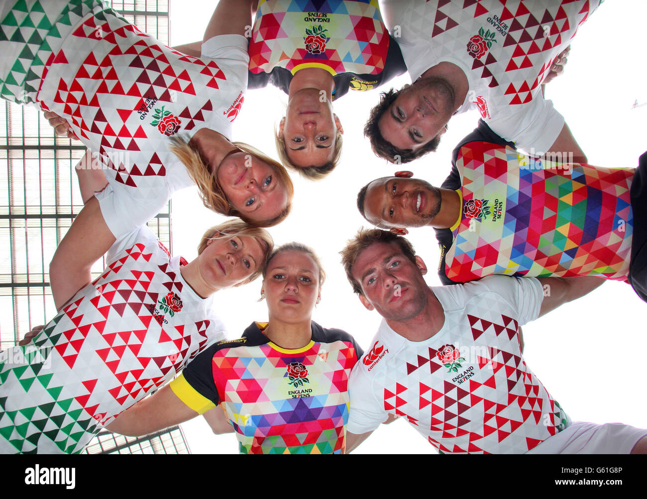 s England Sevens rugby teams Michaela Staniford, Alice Richardson, Matt Turne, Dan Norton, Rob Vickerman, Kay Wilson and Danielle Waterman launch the new Canterbury Rugby Sevens home and alternate shirts at Twickenham Stadium in south west London. Stock Photo