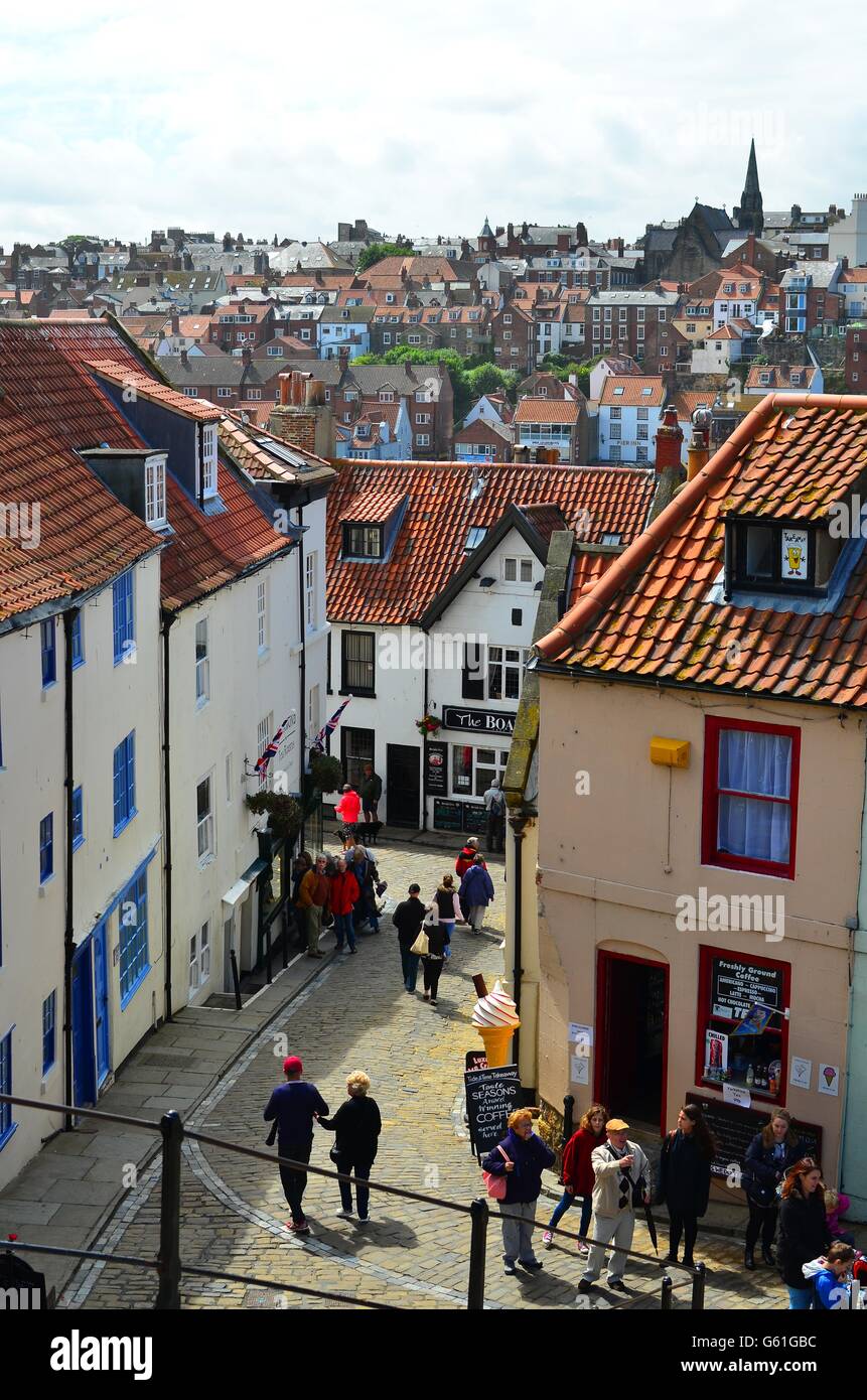 199 steps leading down towards the old town of Whitby in the North