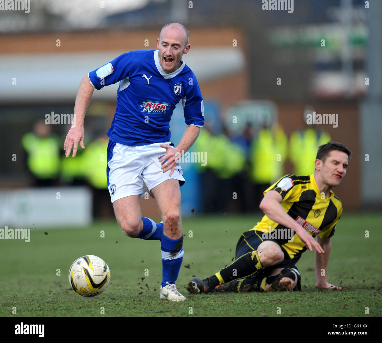 Soccer - npower Football League Two - Burton Albion v Chesterfield - Pirelli Stadium. Chesterfield's Drew Talbot in action with Burton's Lee Bell (right) during the npower League Two match at the Pirelli Stadium, Burton. Stock Photo