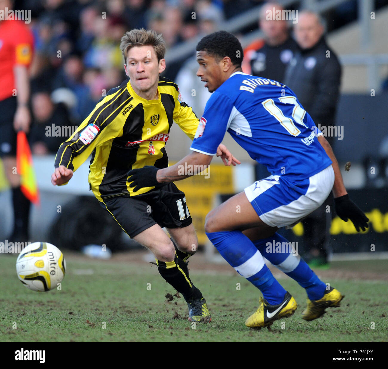Burton's Jimmy Phillips battles with Chesterfield's Richard Brindley during the npower League Two match at the Pirelli Stadium, Burton. Stock Photo