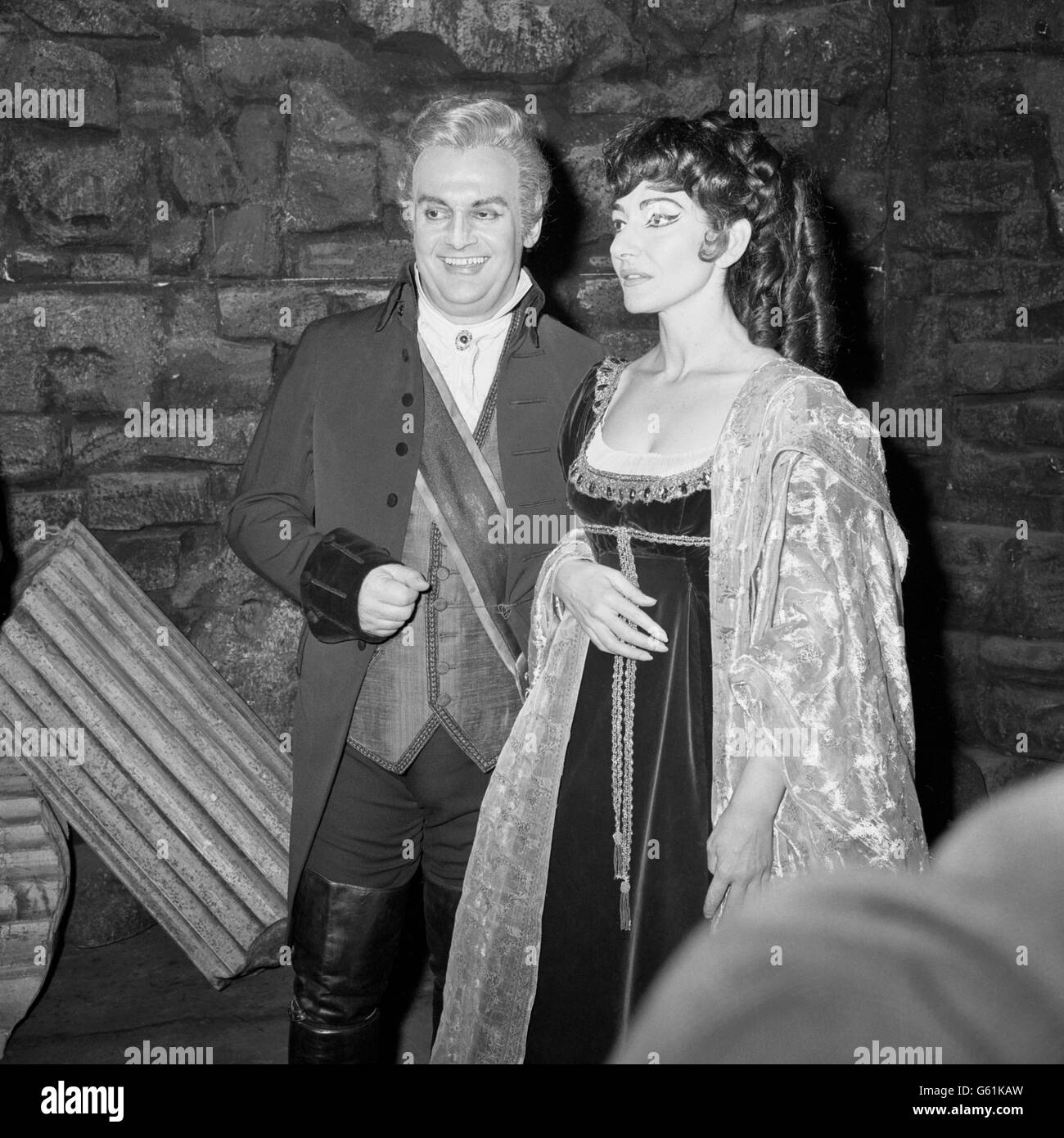 Opera stars Maria Callas and Tito Gobbi in a scene from Tosca, with Gobbi as Baron Scarpia and Callas as Floria Tosca, one of her greatest roles. Stock Photo