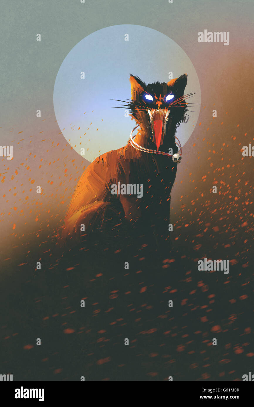 evil cat on a background of the moon,undead,horror concept,illustration Stock Photo