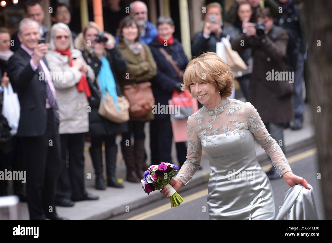 Coronation Street actress Helen Worth, who plays Gail Platt in the popular television soap opera, arrives at St James Church in London for her wedding to Trevor Dawson. Stock Photo