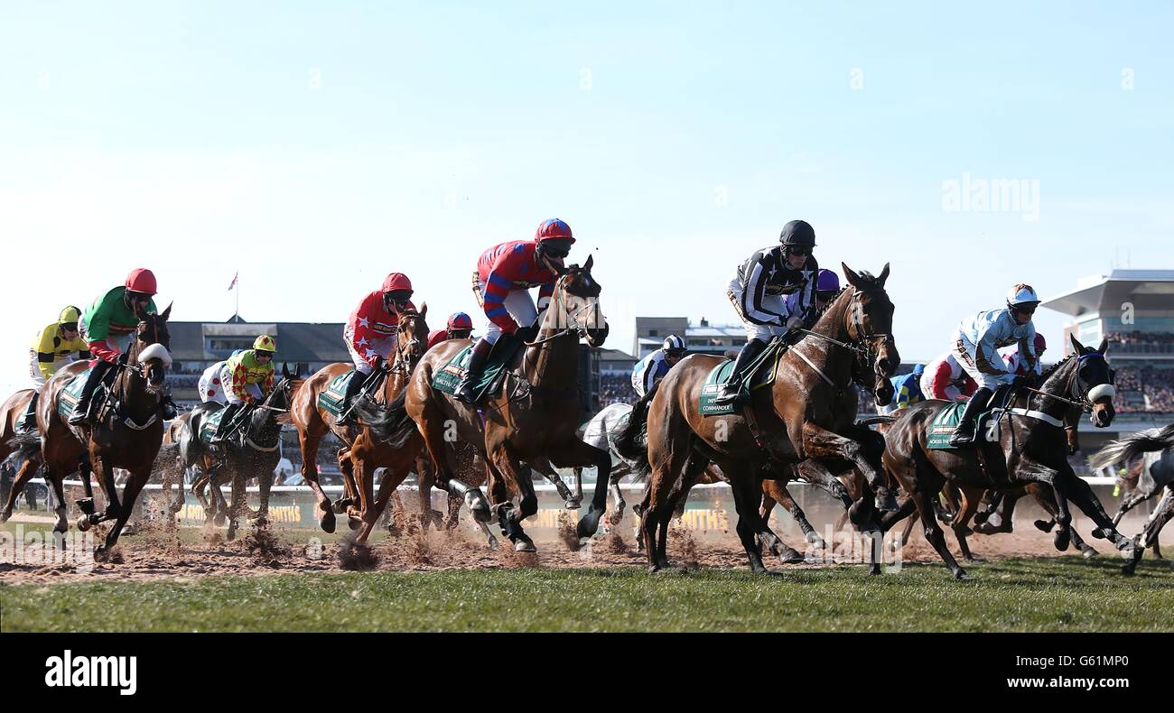 Balthazar King (left centre), Imperial Commander (right centre) and Across The Bay (far right) in action during the John Smith's Grand National Chase during Grand National Day at Aintree Racecourse, Liverpool. Stock Photo