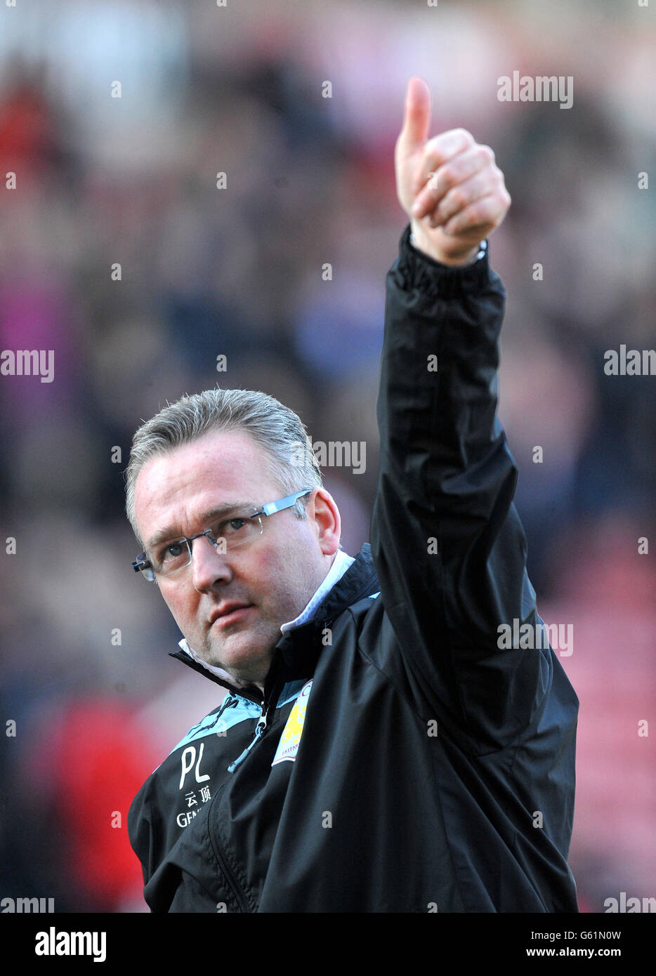 Aston Villa Manager Paul Lambert gives the thumbs up after their victory during the Barclays Premier League match at the Britannia Stadium, Stoke on Trent. PRESS ASSOCIATION Photo. Picture date: Saturday April 6, 2013. See PA Story SOCCER Stoke. Photo credit should read: Neal Simpson/PA Wire. Stock Photo