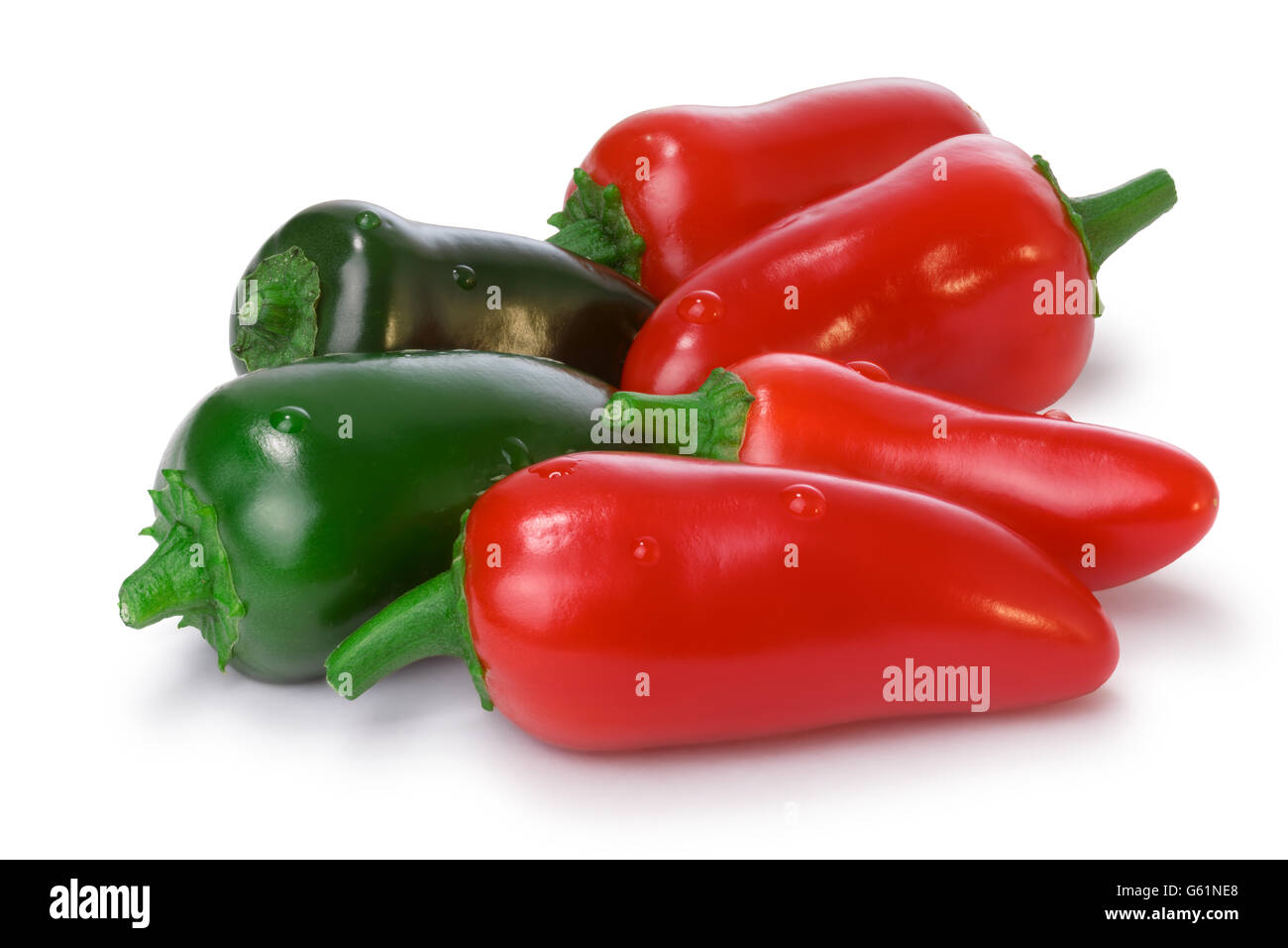Pile of red and green Jalapeno Peppers. Clipping paths for both peppers and shadow, infinite depth of field Stock Photo