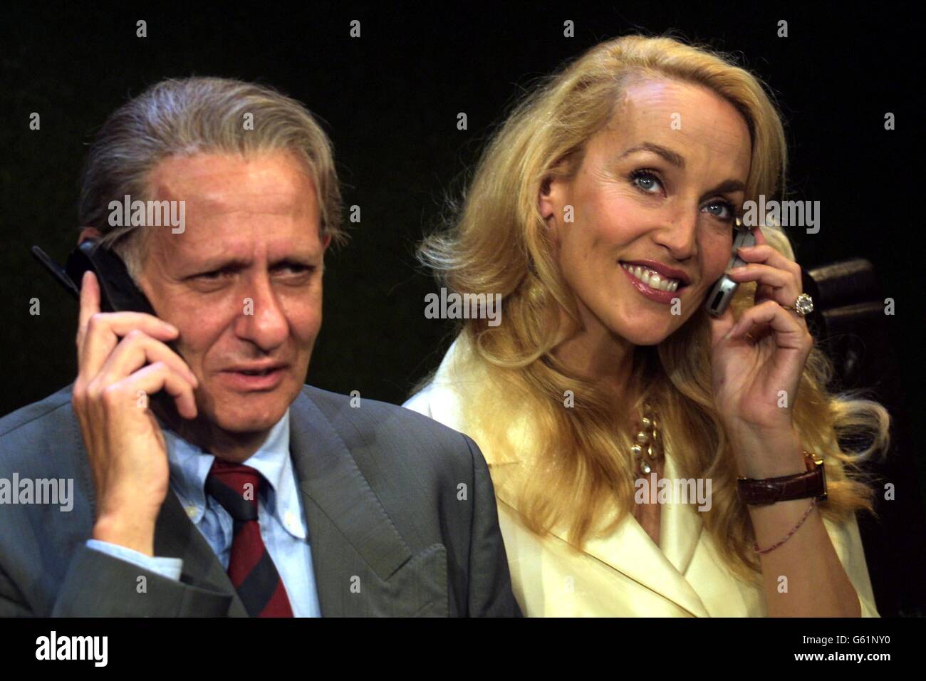 Jerry Hall, who plays Sugar Moran and Harry Ditson, who plays Courtney Henderson perform during rehearsals for Benchmark, a new play by Bud Shrake and Michael Rudman at the New End Theatre in Hampstead. * The play opens to the public for a six week run from September 13. Stock Photo