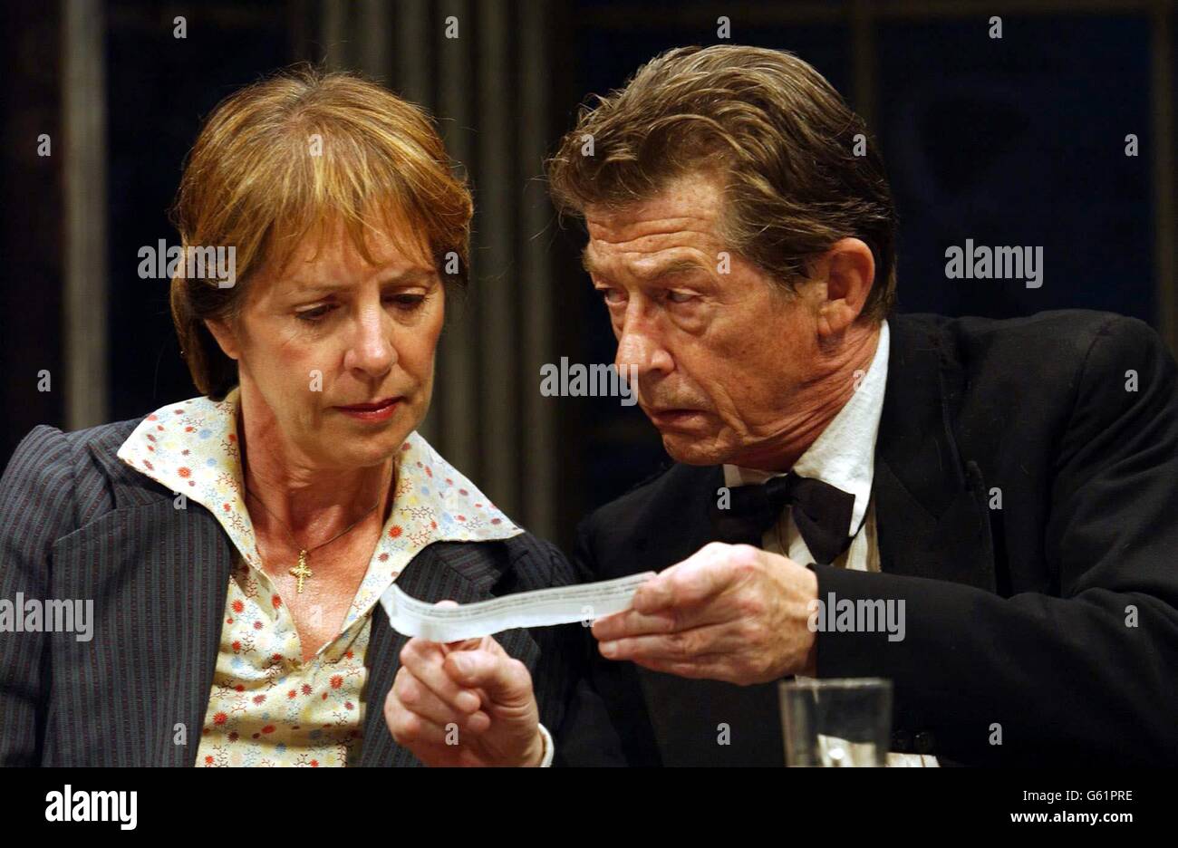 Actors John Hurt and Penelope Wilton during a photocall for their play 'Afterplay' at the Gielgud Theatre on Shaftbury Avenue in London. The play written by Brian Friel open on Thursday 19 September. Stock Photo