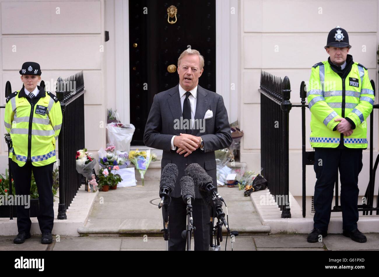 Sir Mark Thatcher speaking outside Baroness Thatcher's home in Belgravia, central London. Stock Photo