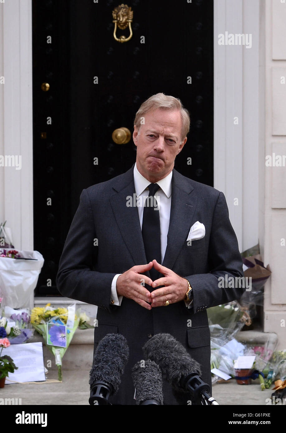Sir Mark Thatcher speaking outside Baroness Thatcher's home in Belgravia, central London. Stock Photo