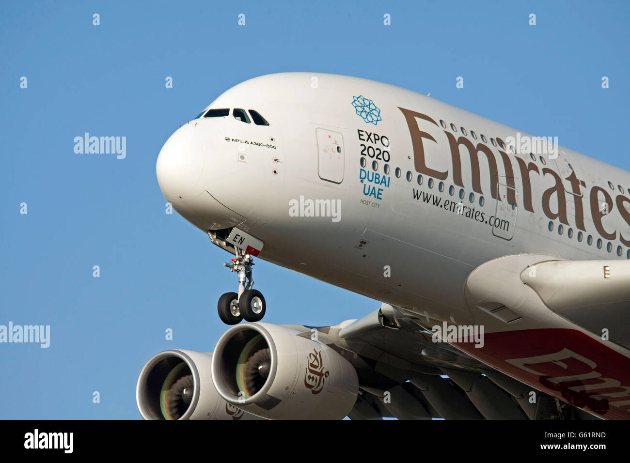 AMSTERDAM, THE NETHERLANDS - DECEMBER 9, 2015 Close Up Picture of Airbus A380 emirates. This is currently the largest commercial Stock Photo