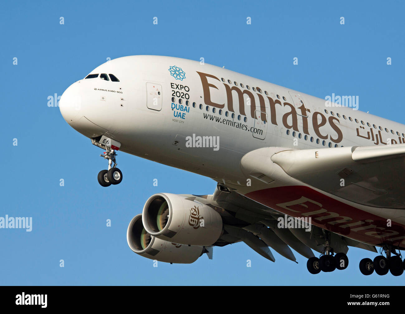 AMSTERDAM, THE NETHERLANDS - DECEMBER 9, 2015 Front of a Airbus A380 Emirates. The Airbus A380 is currently the largest passenge Stock Photo