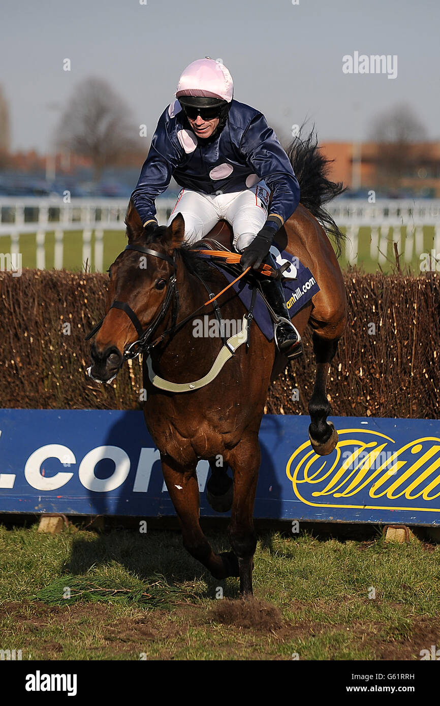 Mr Moonshine ridden by jockey Wayne Hutchinson jumps a fence in the William Hill Grimthorpe Chase Stock Photo