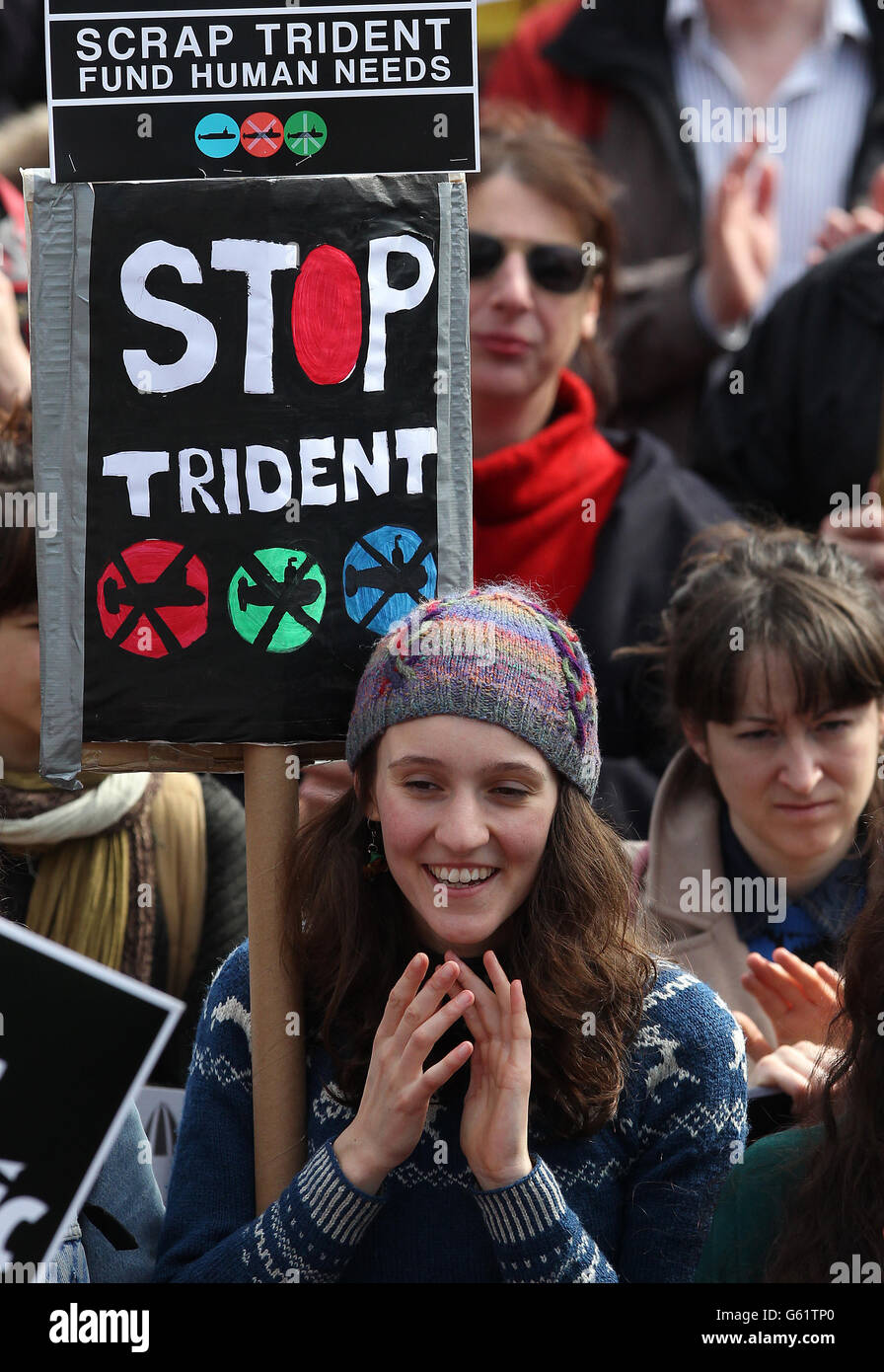 People march through the streets of Glasgow for a Scrap Trident demonstration. MSPs and trade unionists join campaigners to protest against the planned renewal of Trident nuclear weapons. Stock Photo