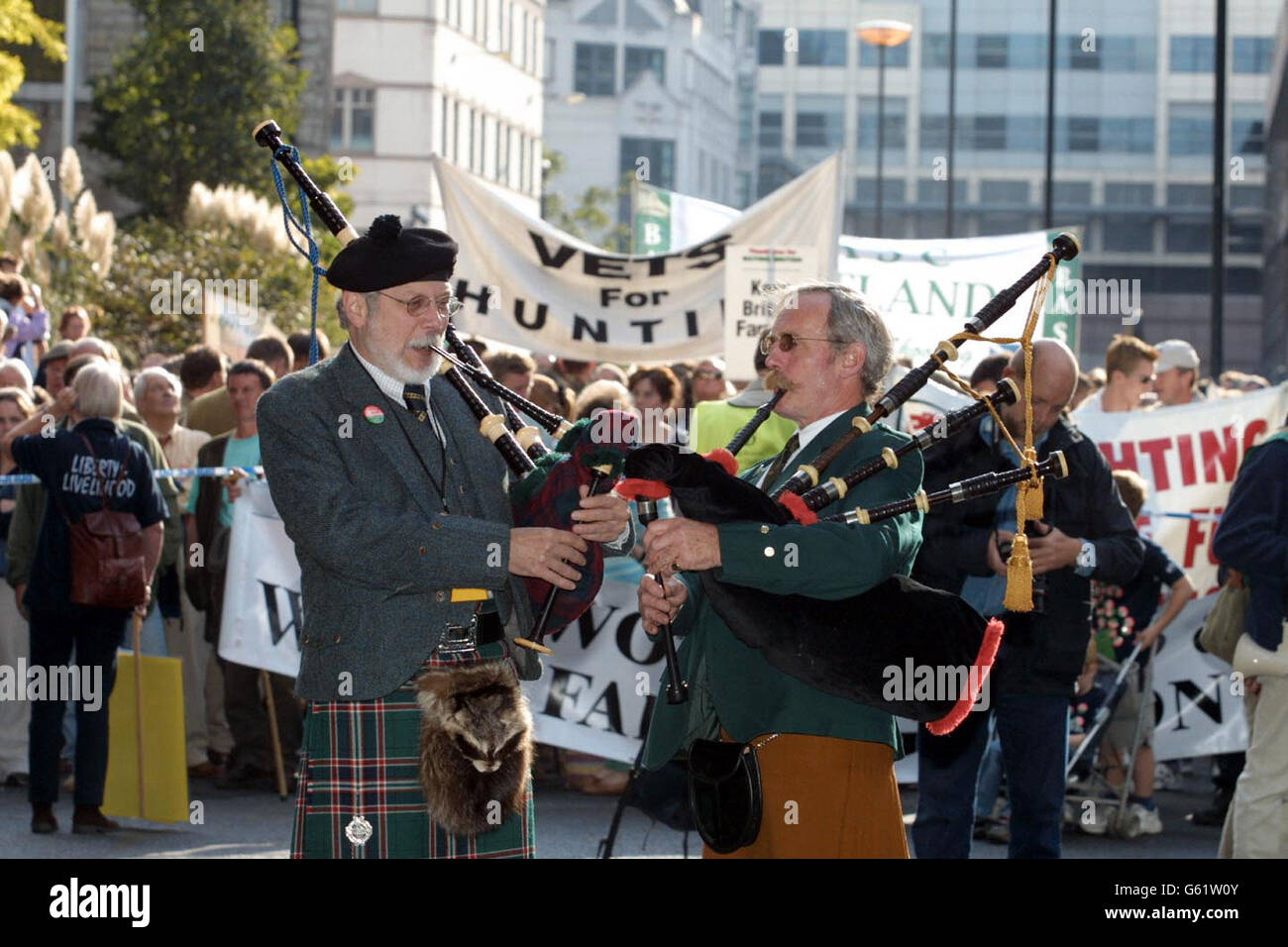 Pipers at the start of the Liberty and Livelihood march, organised by the Countryside Alliance, in central London, to show their opposition to the proposed ban on fox-hunting and hunting with hounds. *As many as 300,000 people are expected to descend on London to take part in the march which is heading towards Whitehall. Stock Photo