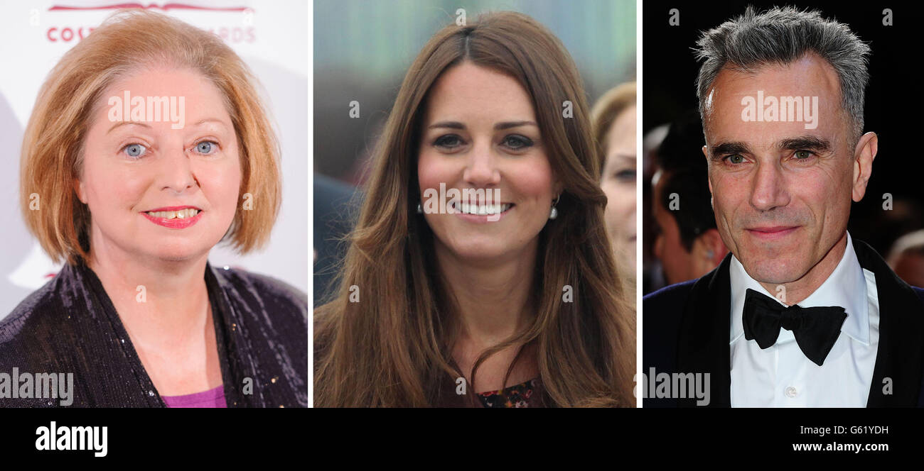 Undated file photos of Hilary Mantel, the Duchess of Cambridge and Daniel Day Lewis who have appeared in theTime magazine's 100 most influential people in the world list. Stock Photo