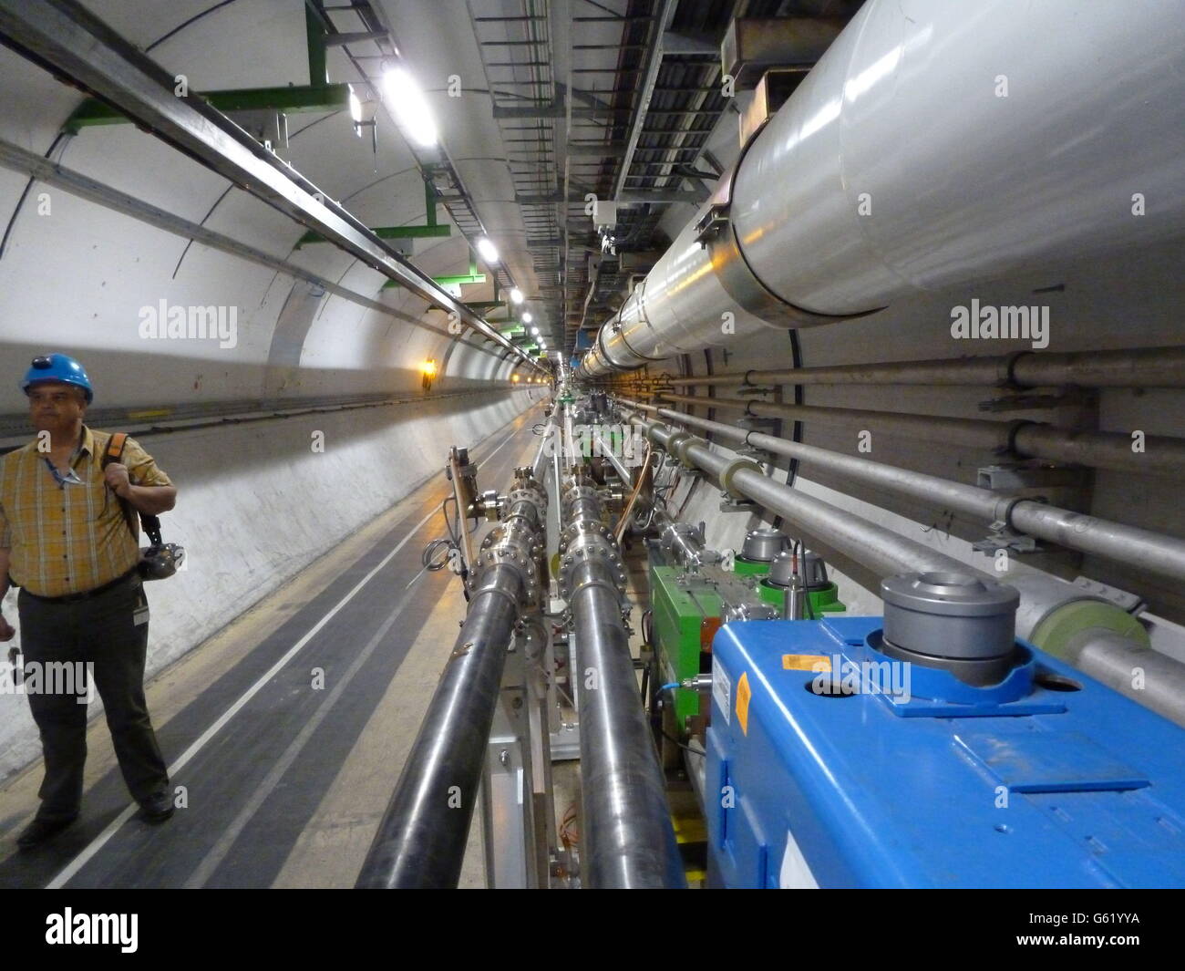 Dark matter the new focus at LHC. View of the beam tunnel at the Large  Hadron Collider, at the European Organization for Nuclear Research, known  as CERN in Meyrin, Switzerland Stock Photo -, image size:1300x1065