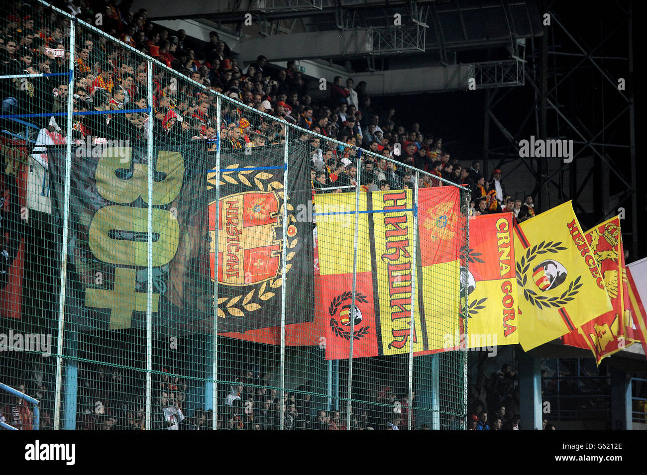 Soccer - 2014 World Cup Qualifier - Group H - Montenegro v England - City Stadium. Montenegro flags hang from the stands in the City Stadium, Podgorica Stock Photo