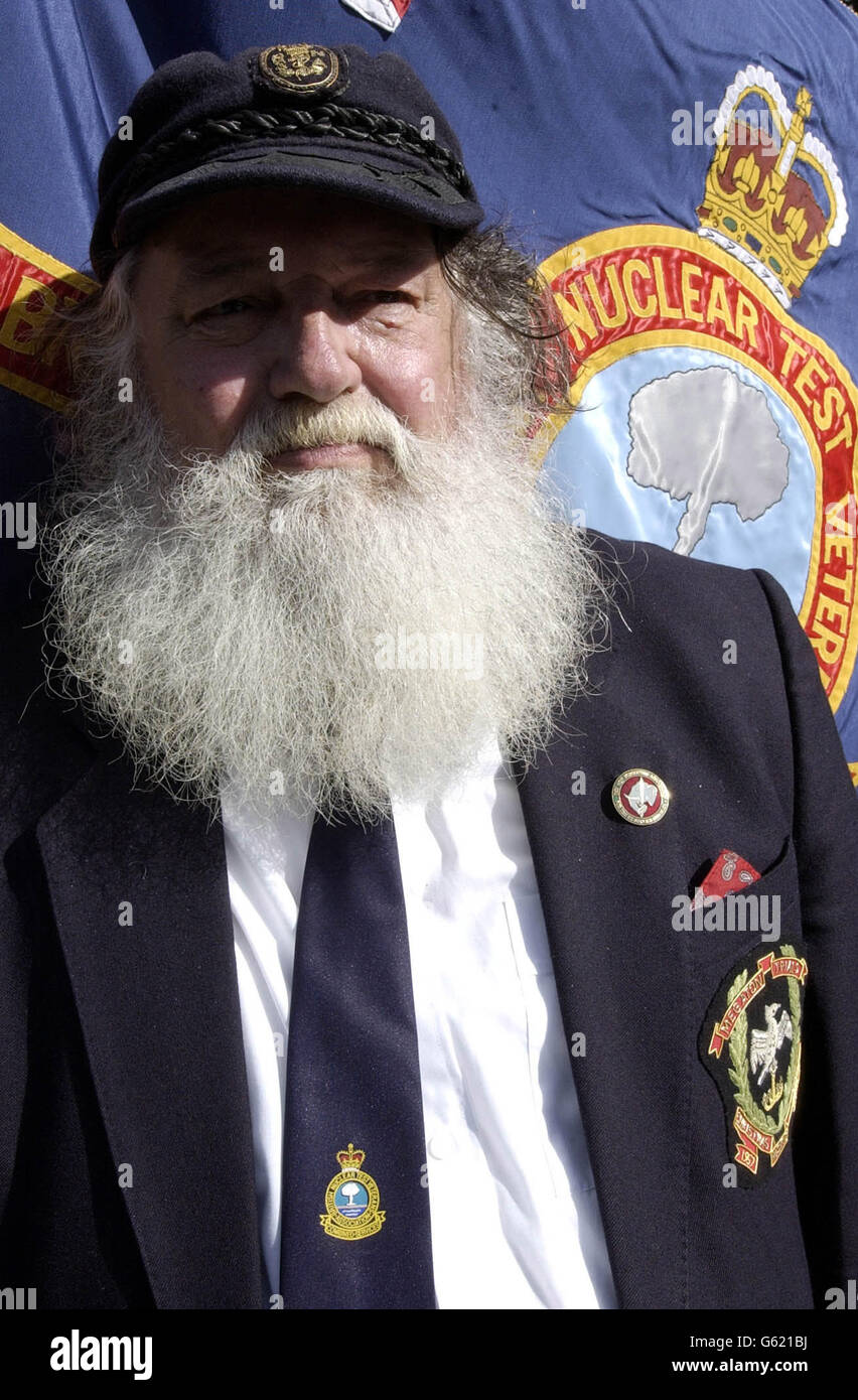 Derick Redfearn, a 65-year-old Christmas Island veteran from Newquay, Cornwall, protests outside Downing Street in London, against the Ministry of Defence's alleged refusal to grant pensions to the veterans of Nuclear tests. *... More than a hundred British ex-servicemen who took part in a series of nuclear tests which began on this day in 1952 marked the anniversary with a Downing Street protest against the Government's refusal to grant them a war pension. Veterans from across the country claim Operation Hurricane - a project to assess the effect of a nuclear explosion in a harbour - has Stock Photo