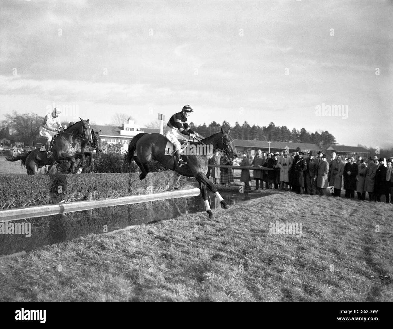 'Coloured School Boy' with Cromwell up takes a jump during the Blindley Health Chase at Lingfield. Stock Photo