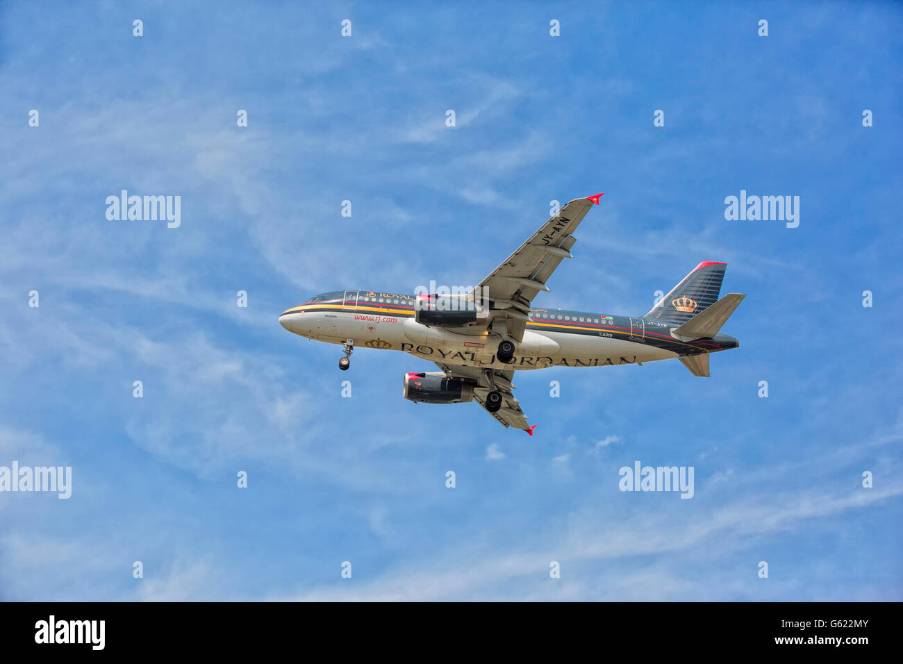 Aeroplane, cloudy sky, Royal Jordanian Airlines Airbus A319 Stock Photo