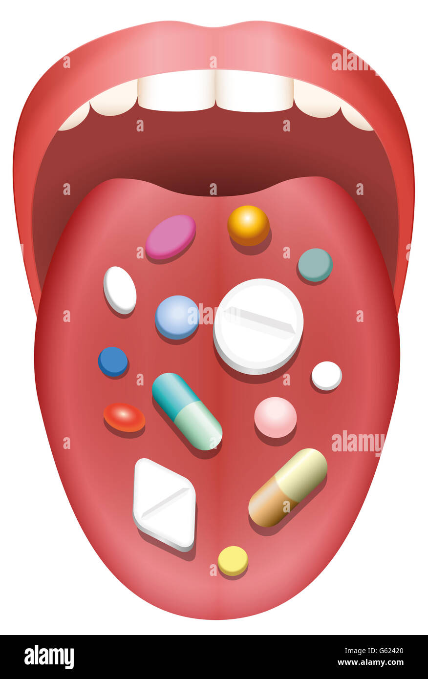Pills and capsules distributed on a stuck out tongue of a patient. Illustration on white background. Stock Photo