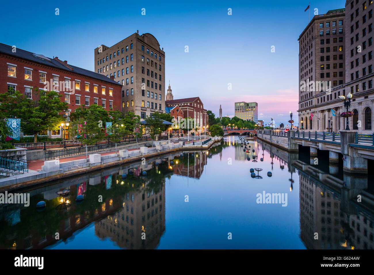 Buildings along the Providence River at twilight, in downtown Providence, Rhode Island. Stock Photo