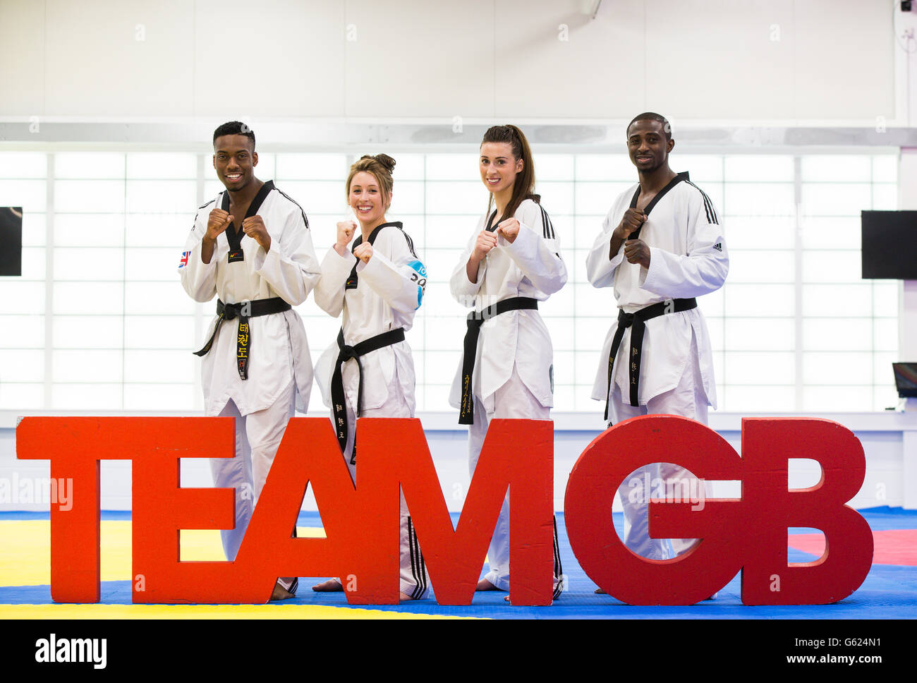 (From left to right) Lutalo Muhammad, Jade Jones, Bianca Walkden and Mahama Cho during the team announcement at the National Taekwondo Centre, Manchester. PRESS ASSOCIATION Photo. Picture date: Wednesday June 22, 2016. See PA story TAEKWONDO Olympics Team GB. Photo credit should read: Barrington Coombs/PA Wire Stock Photo