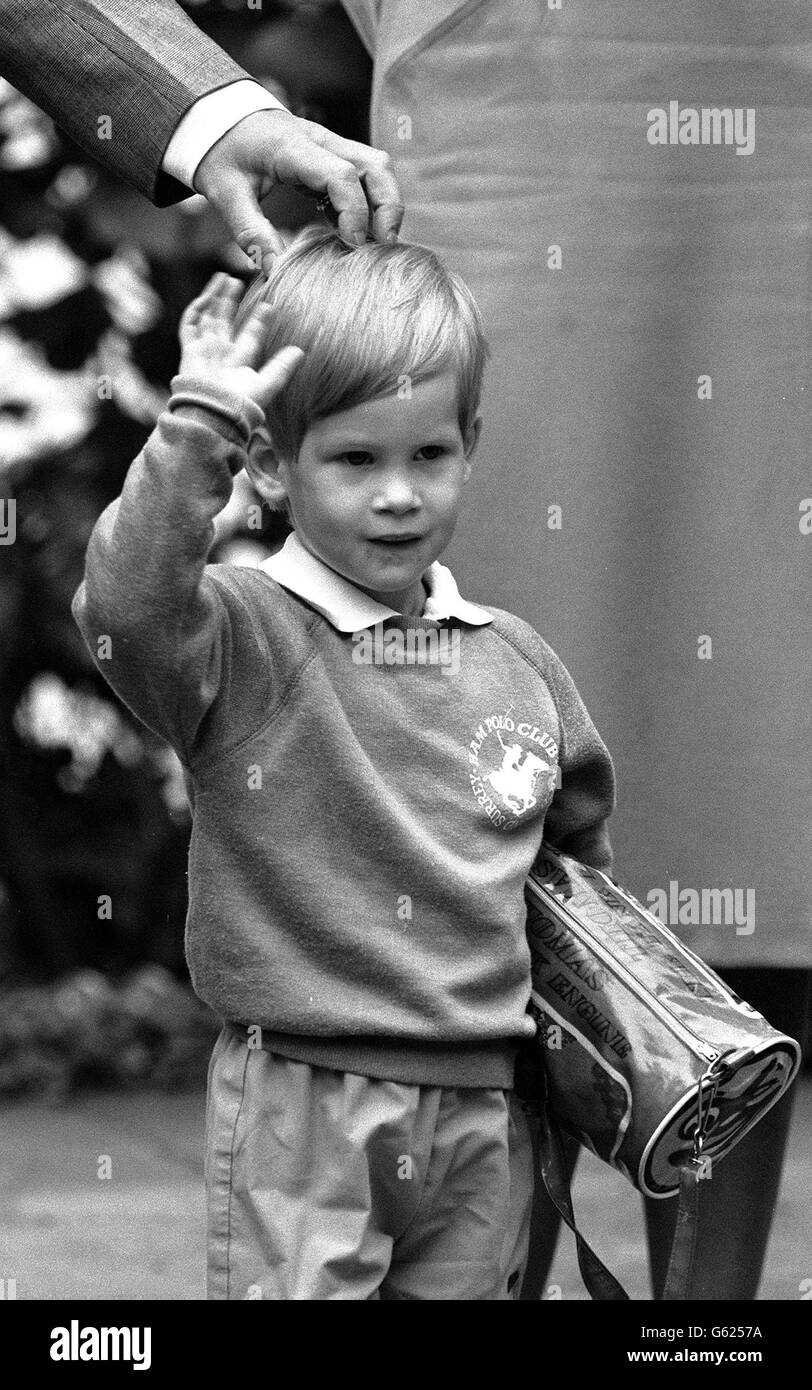 Prince Harry , the three-year-old son of the Prince and Princess of Wales, arrives for his first day of nursery school at Chepstow Villas in west London with a Thomas the Tank Engine bag. Stock Photo