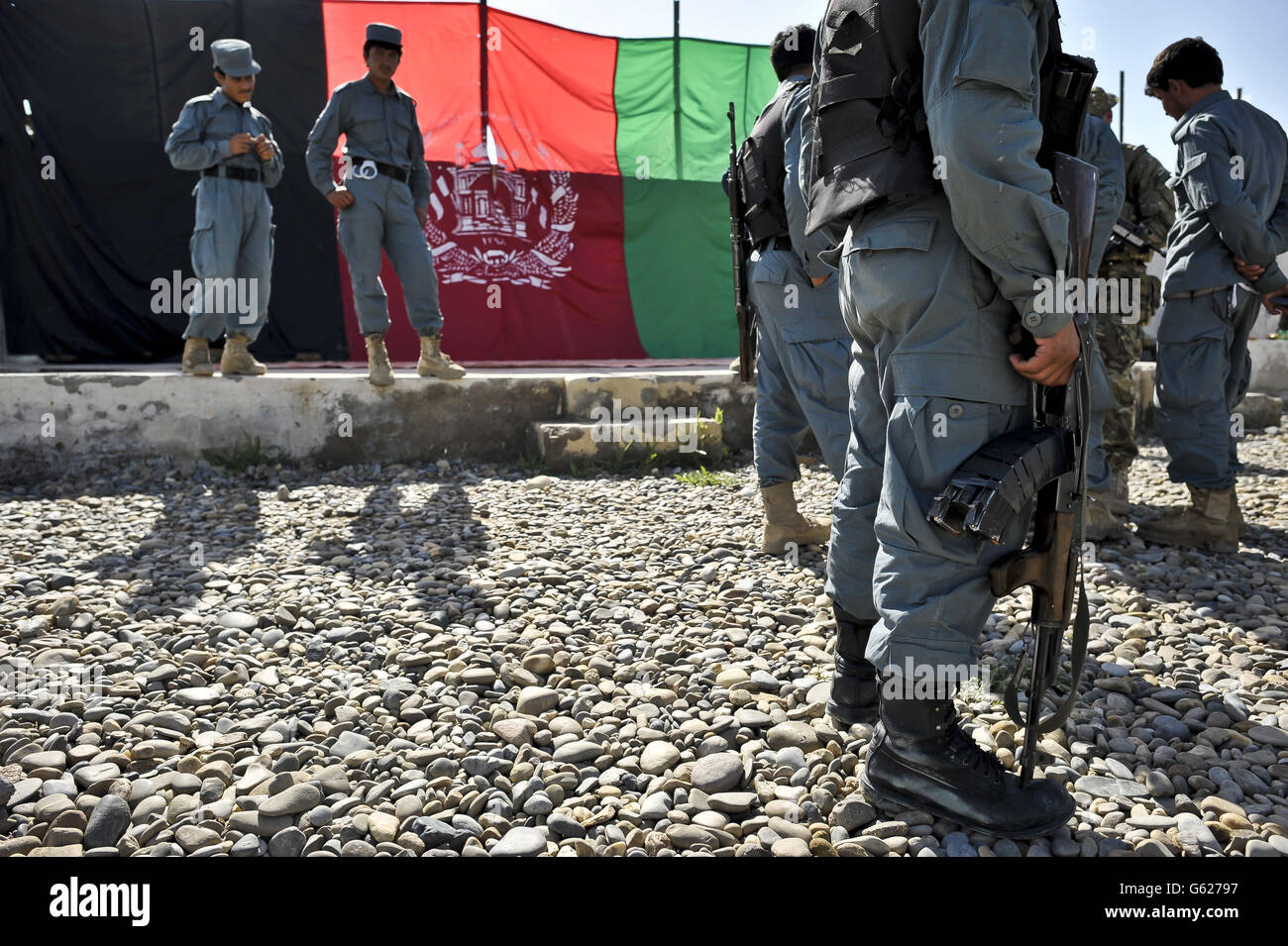 Afghan National Police inside the compound at 1 Kandak HQ near Patrol Base Attal, Helmand Province, Afghanistan. Stock Photo