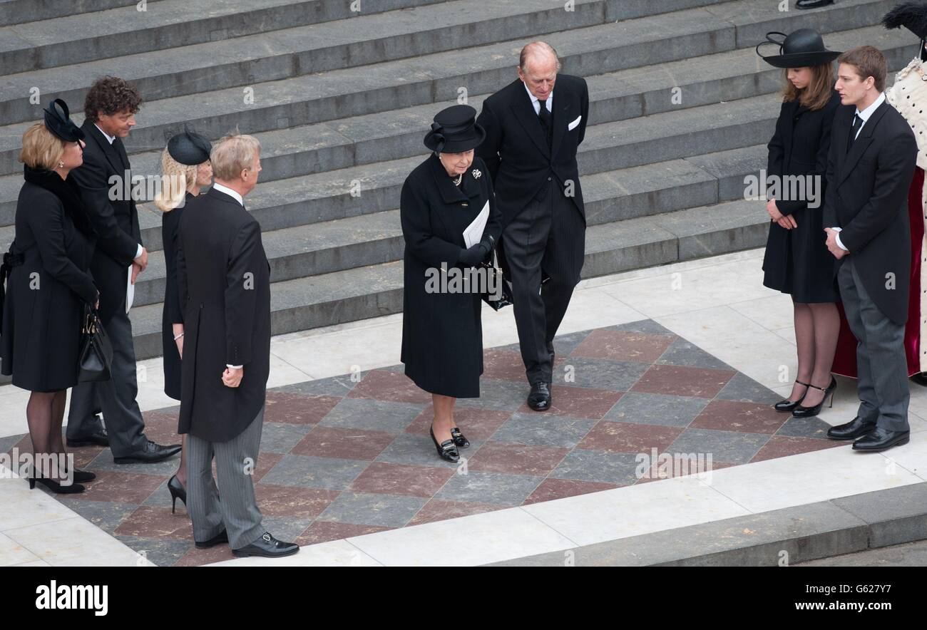 Queen Elizabeth Ii And The Duke Of Edinburgh Speaks With Left To Right Carol Thatcher Marco Grass Sarah Thatcher Mark Thatcher Amanda Thatcher And Michael Thatcher After The Funeral Service For Baroness
