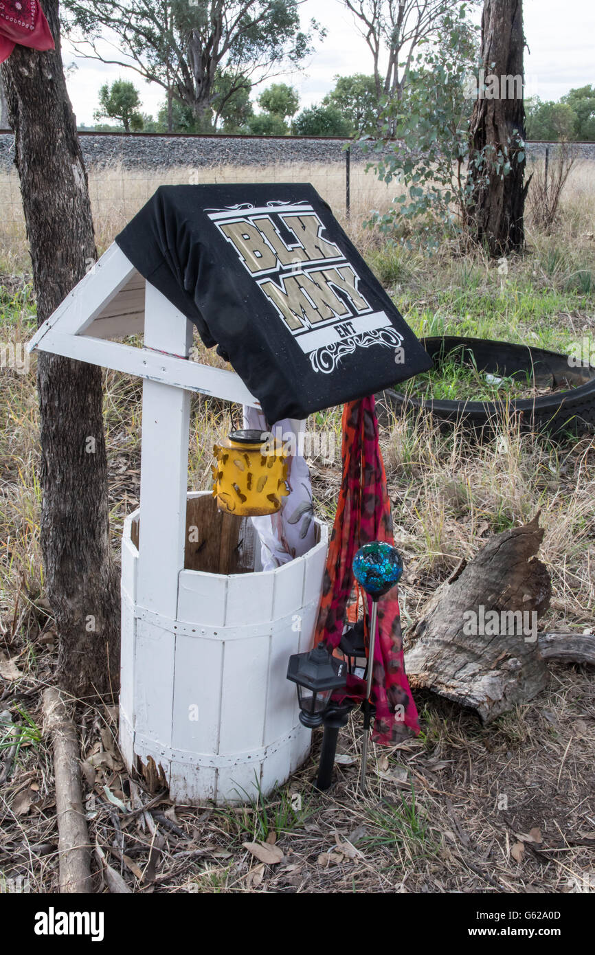 Wishing Well being part of a Roadside Memorial for a car crash victim. Rural NSW Australia Stock Photo